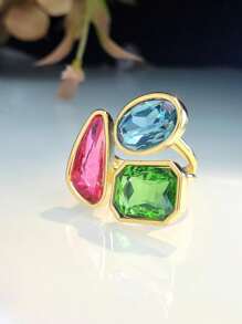 1pc Vintage Blue Crystal Glass Adjustable Women's Ring - Multicolor - View 1