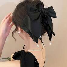 1支女士蝴蝶結髮夾,韓式長蝴蝶結,配珍珠鑲嵌設計,多層緞帶髮飾配以網紗,可以讓您的臉显得更小巧 - 彩色 - 查看 5