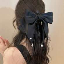 1支女士蝴蝶結髮夾,韓式長蝴蝶結,配珍珠鑲嵌設計,多層緞帶髮飾配以網紗,可以讓您的臉显得更小巧 - 彩色 - 查看 1