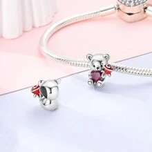 1pc Cute Teddy Bear Charm With Rose, Pink Rhinestone & Silver Beads, Perfect For Diy Bracelet & Necklace Making, Confession Gift - Silver - View 3