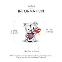 1pc Cute Teddy Bear Charm With Rose, Pink Rhinestone & Silver Beads, Perfect For Diy Bracelet & Necklace Making, Confession Gift - Silver - View 4