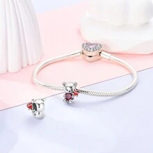 1pc Cute Teddy Bear Charm With Rose, Pink Rhinestone & Silver Beads, Perfect For Diy Bracelet & Necklace Making, Confession Gift - Silver - View 2