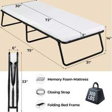 MAMIZO 75" X 31" Folding Bed,Rollaway Bed With Mattress For Adults,Foldable Bed,Portable Bed,Metal Bed Frame With Memory Foam Mattress, Guest Bed For Bedroom,Office,Camp,No Assembly Required,(75" X 31"X14") - 白色 - 查看 4