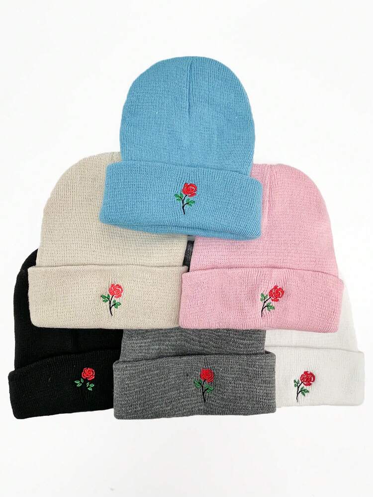 Un Par De Sombrero Tejido Cálido Y Elegante Con Rosas Bordadas En El Día De San Valentín Para Mujeres Y Hombres, Se Puede Emparejar Con Un Gorro De Punto Personalizado' - Multicolor - Ver 1