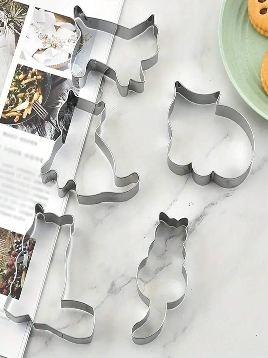 5 Piezas, Cortadores De Galletas Con Dibujos Animados De Gatitos, Cortadores De Pastelería De Acero Inoxidable, Lindos Moldes De Galletas De Gato Kawaii, Herramientas De Horneado, Accesorios De Cocina - Plateado - Ver 1