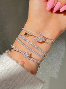 1pc Y2k Style Star Moon Rhinestone Open Cuff Bracelet For Festival Party, Date, Daily Wear, Gift - Silver - View 2
