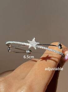 1pc Y2k Style Star Moon Rhinestone Open Cuff Bracelet For Festival Party, Date, Daily Wear, Gift - Silver - View 5