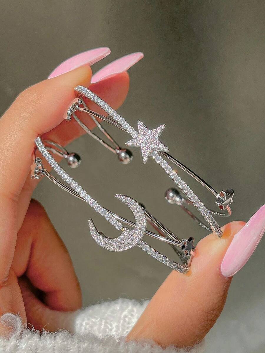 1pc Y2k Style Star Moon Rhinestone Open Cuff Bracelet For Festival Party, Date, Daily Wear, Gift - Silver - View 1