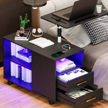 Lvifur 360° LED Nightstand With Wireless Charging Station, Movable Adjustable Bedside Table With Laptop Tray, Auto Sensor Night Stand With 24 Color Dimmable