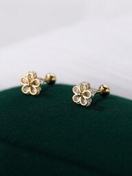 1pair Miniature Fashionable Threaded Buckle Earrings 925 Sterling Silver Fine Jewelry White Zirconia Encrusted Floral Stud Earrings For Women Birthday Valentine's Day Daily Wear