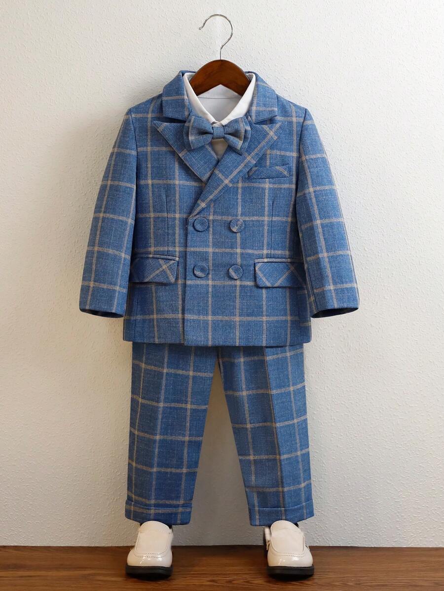 2pcs Young Boy Plaid Suit Set Including Suit Jacket, Pants And Bow Tie, Spring - Blue - View 1