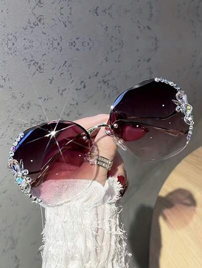 1pc Frameless Rimless Diamond-Studded Glasses For Teenage Girls, Face Slimming Glasses For Fashion Shows, Street Photography, Party Props