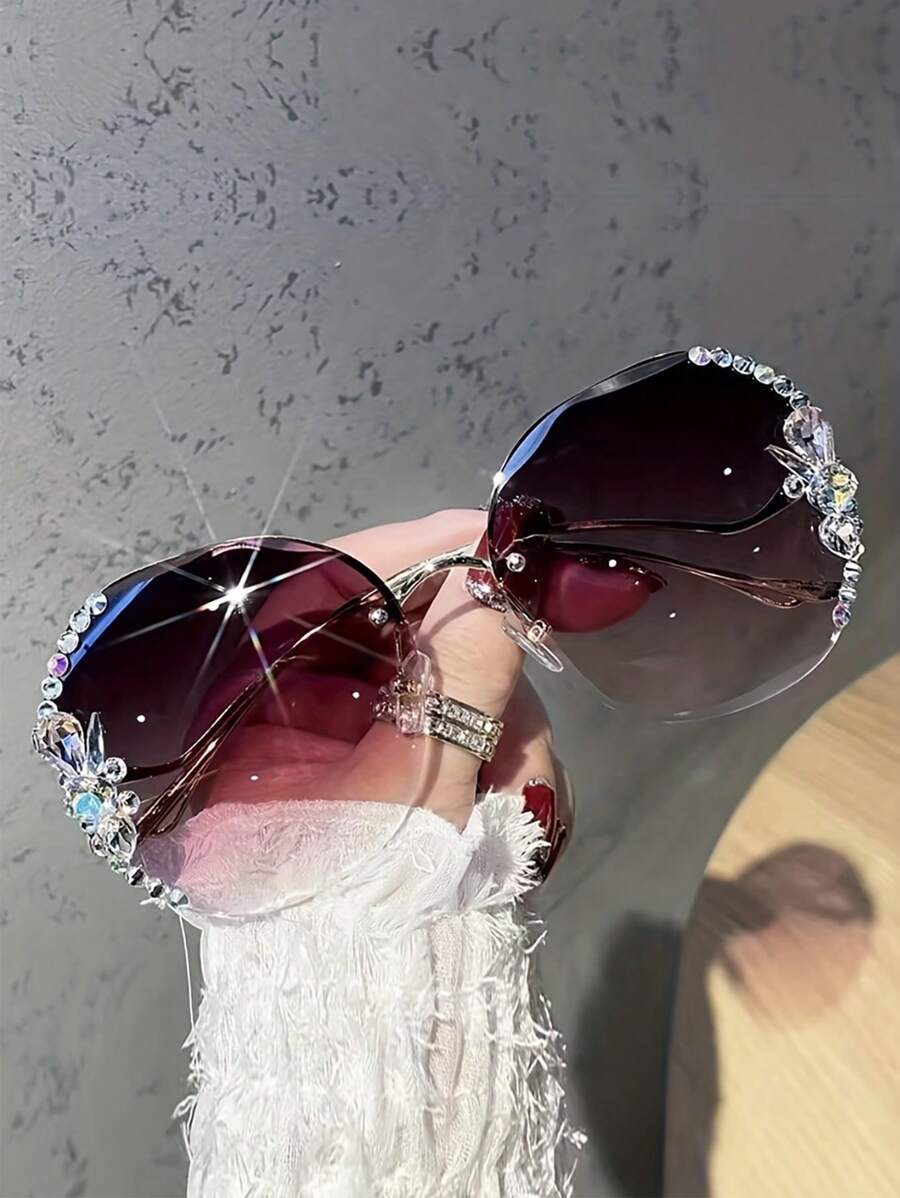 1pc Frameless Rimless Diamond-Studded Glasses For Teenage Girls, Face Slimming Glasses For Fashion Shows, Street Photography, Party Props - Multicolor - View 1