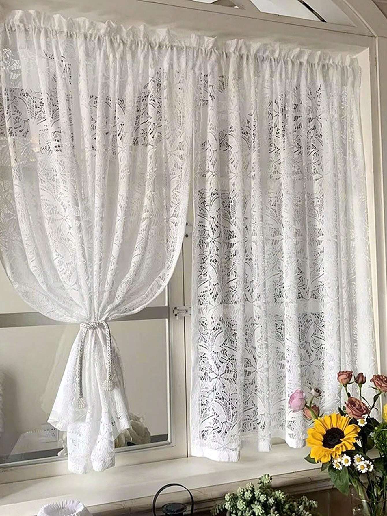 Cortinas De Cocina Caladas,Flores Bordadas Blancas Cortina Bistró,Bolsillo Para Barra,Panel De Cenefa De Cortina Corta De Algodón,Estilo Rural Para Cafetería,Baño,Ventana Pequeña,Armario ( Size : W125