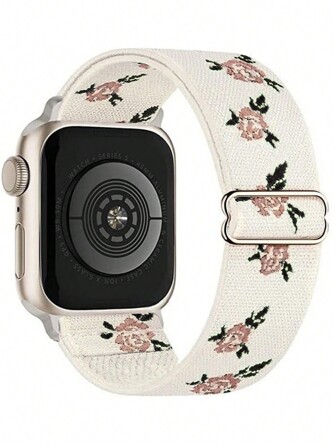1 pieza Brazalete elástico de nailon para  con bordado de flor beige y negro, elegante y bonito, compatible con de 38mm, 40mm, 41mm, 45mm, 44mm, 42mm, 49mm, Series Ultra, SE/9/8/7/6/5/4/3/2/1, cómodo, transpirable, piel amigable, accesorio de repuesto para smartwatch para mujeres y hombres, regalo de San Valentín