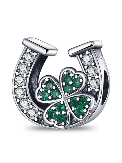 1PC Silver Plated Charm Four Leaf Clover Diamond Horseshoe Green Beads Charm Pendant Ball Suitable For Bracelets DIY Women's Jewelry,Surprise Gift,Christmas Gifts