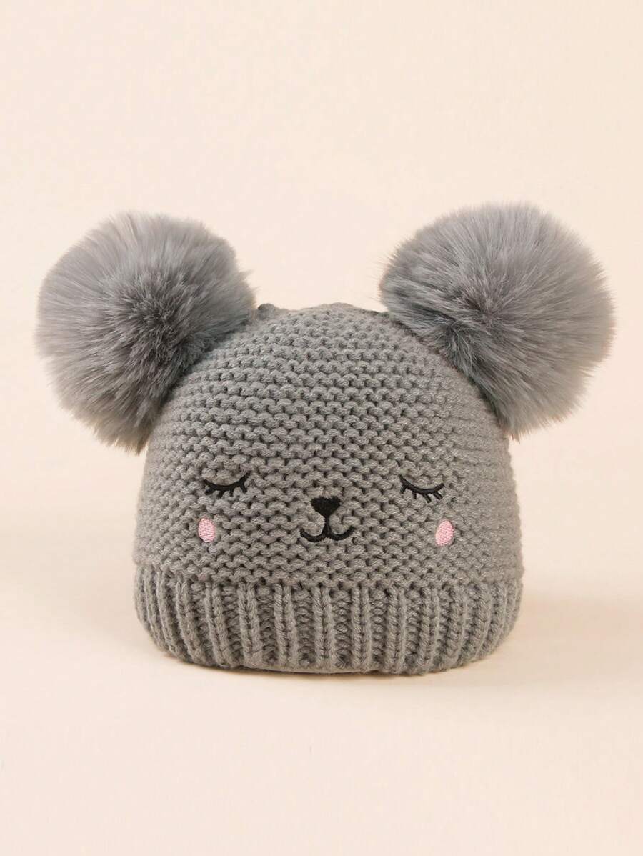 1 件裝卡通刺繡臉針織帽適合 0-2 歲嬰兒,男女通用 - 灰色 - 查看 1