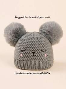 1 件裝卡通刺繡臉針織帽適合 0-2 歲嬰兒,男女通用 - 灰色 - 查看 2