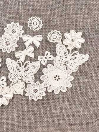 20pcs 2-5.5cm Random Mixed Flower Embroidered Lace Applique, White Mesh Fabric Patch For Diy Clothing Accessories And Decoration
