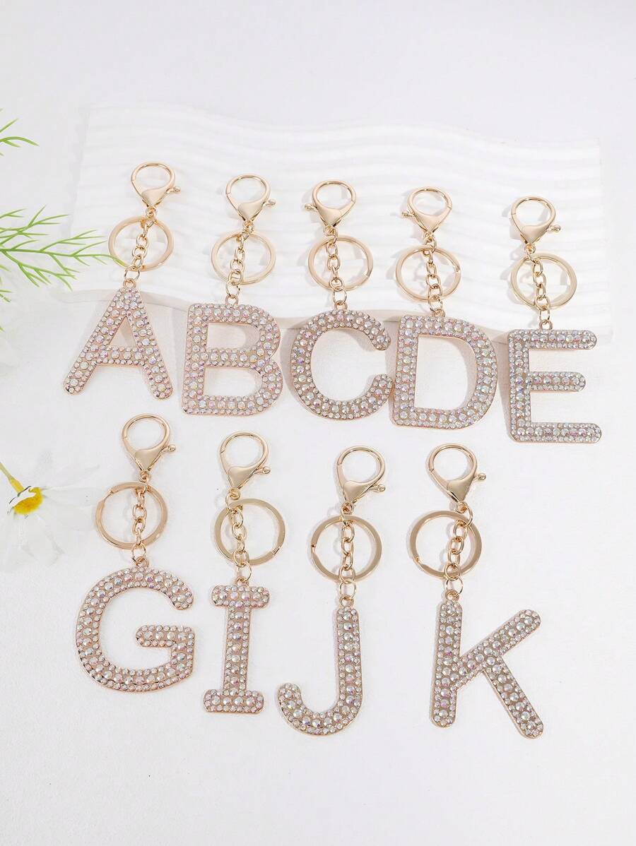 優雅1入女士工業玻璃鑲嵌鉆石和鋅合金字母鑰匙扣 - 金色 - 查看 1