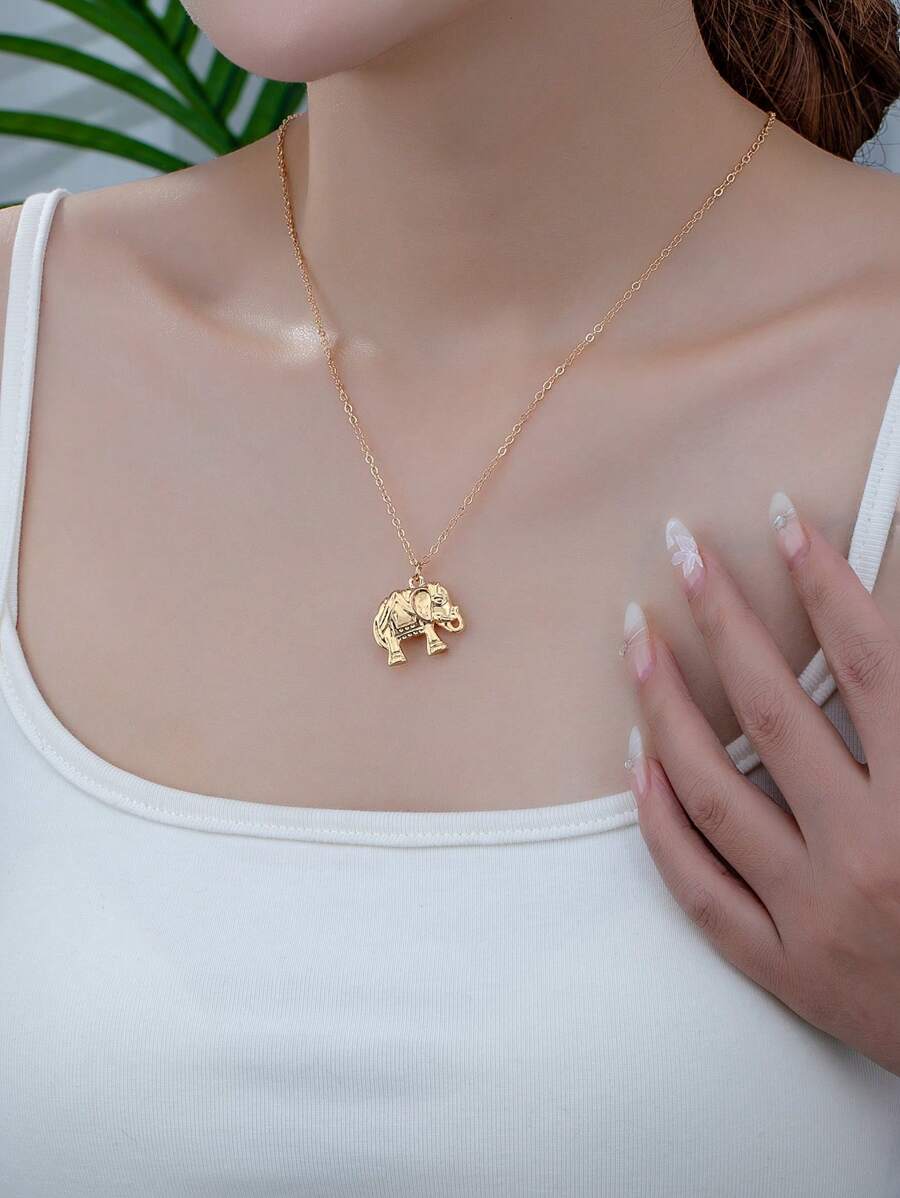 1pc Fashionable Minimalist Elephant Pendant Necklace - Yellow Gold - View 1