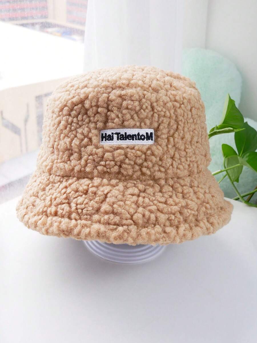 兒童冬季加厚羊皮桶帽，男女兼用 - 卡其色 - 查看 1