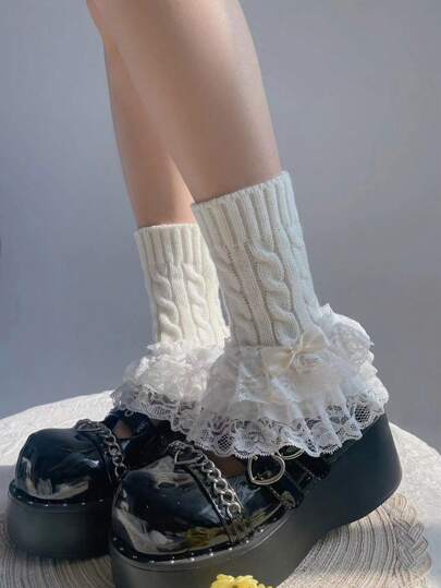 1 Pair Women's Vintage Lace Trim, Cable Knit, Bow Decor Ankle Leg Warmers, Versatile Daily Wear