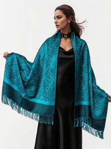 1 件女士优雅简约复古风格温暖时尚百搭提花头巾围巾，适合各种服装 - 水鴨藍 - 查看 2