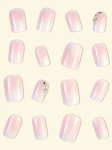 Y2k Upgrade Your Look: 24pcs/Set Long Square Shape Pink Nails With French Ombre & Rhinestone Chain Design, Sweet, Elegant, Luxurious And Simple Style, Detachable Press On Nails Suitable For Holiday, Party, Date, And Daily Wear Nail Supplies - Pink - View 2