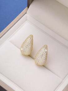 1 Pair Elegant Gold Teardrop Design Earrings, Fully Paved With Zirconia Copper, Suitable For Party Wear And Gift For Mother's Day