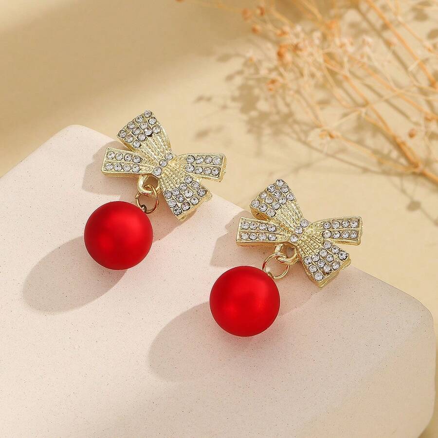 Bông tai nơ có đính cườm & kim cương giả, Bông tai nữ thời trang Giáng sinh - Đỏ - Xem 1