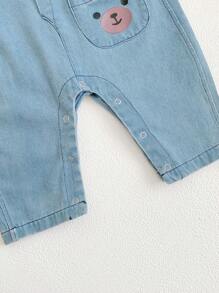 1pc Baby Boy Fashionable Cartoon Printed Pocket Front Denim Overalls - Baby Blue - View 5