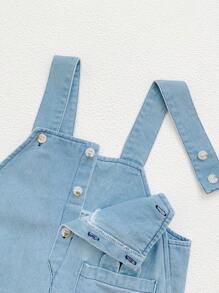 1pc Baby Boy Fashionable Cartoon Printed Pocket Front Denim Overalls - Baby Blue - View 4