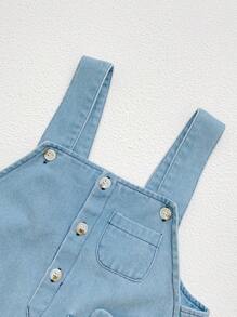 1pc Baby Boy Fashionable Cartoon Printed Pocket Front Denim Overalls - Baby Blue - View 3