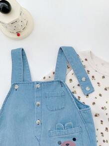 1pc Baby Boy Fashionable Cartoon Printed Pocket Front Denim Overalls - Baby Blue - View 7