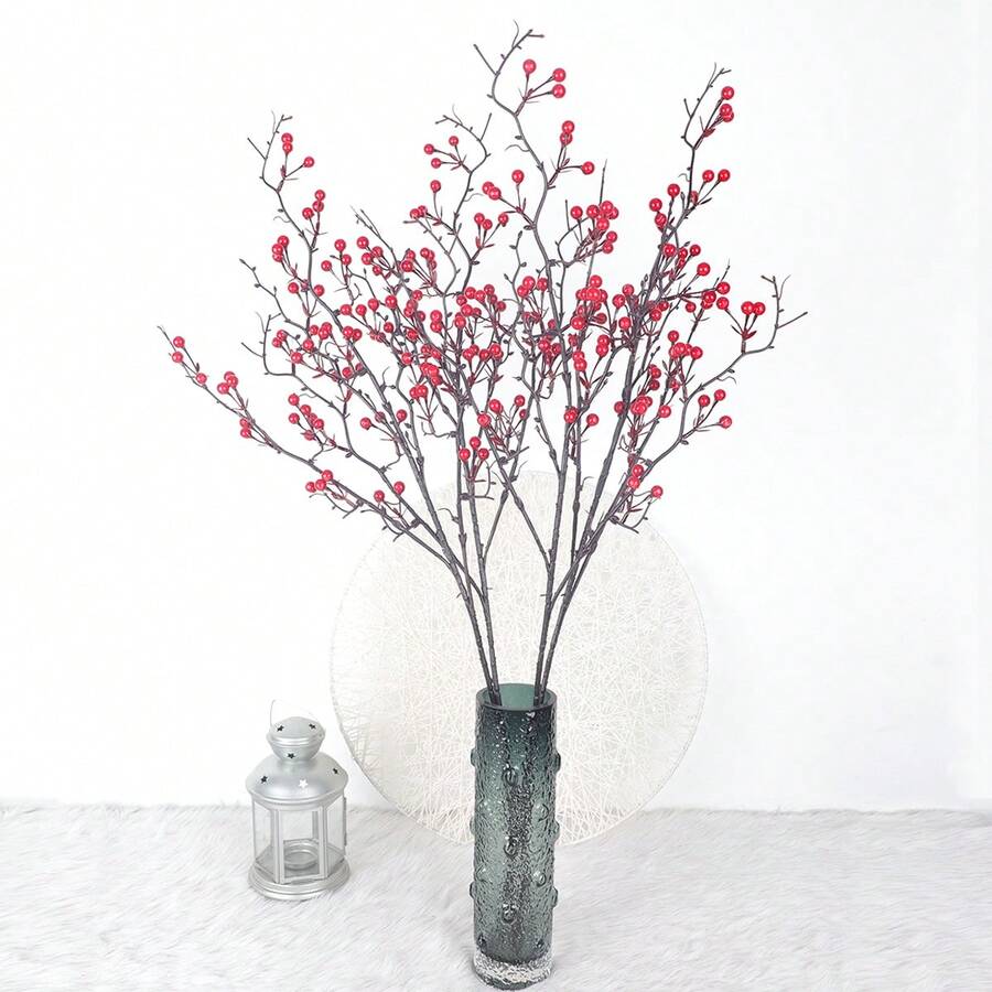 1pc Chinese Style Artificial Flowering Fruit Branch, Living Room Decor - Red - View 1