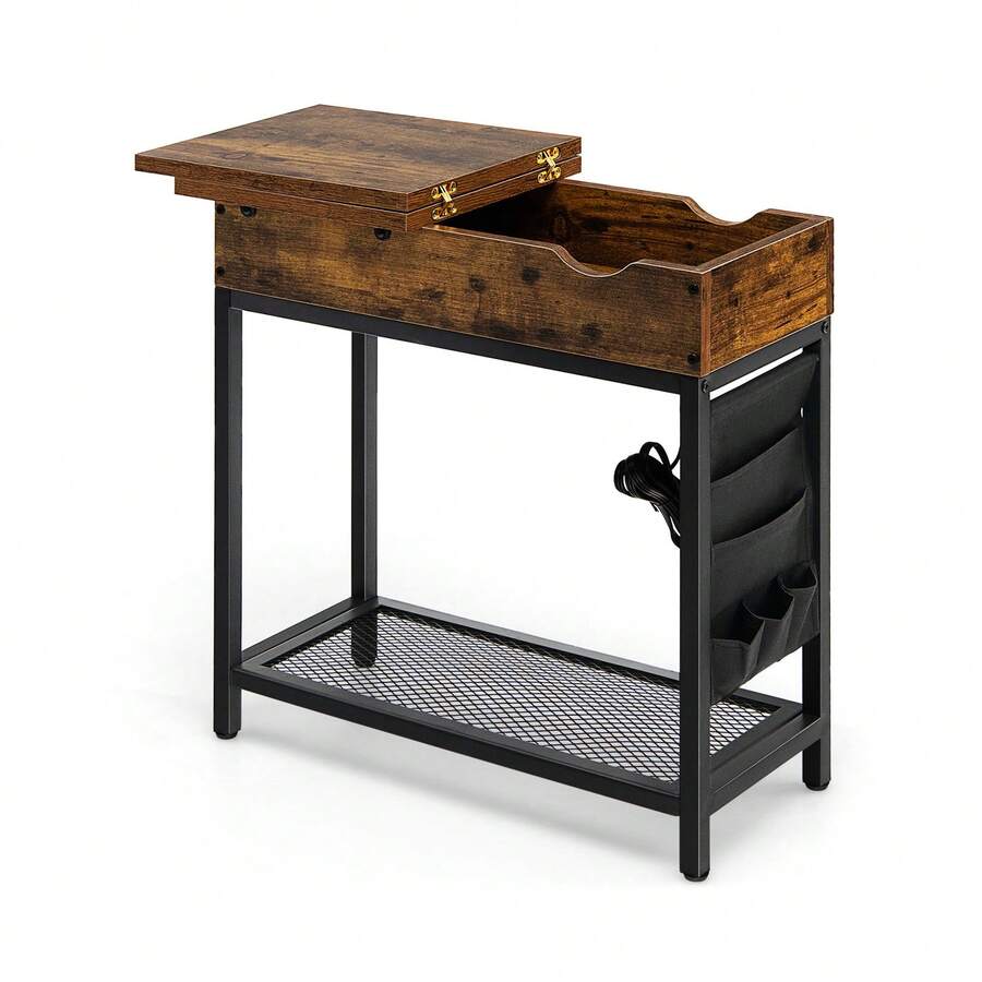 Industrial End Table With Charging Station And Flip Top-Rustic Brown - Nâu và đen mộc mạc - Xem 1