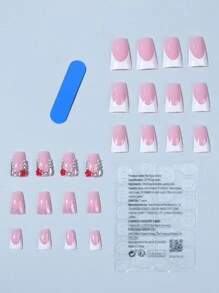 24入組XXL長鴨嘴指甲貼片，白色法式指甲貼片，配有3D花和鑽石裝飾，包括1支果凍膠和1個指甲文件，適用於Y2K指甲沙龍 - 彩色 - 查看 4