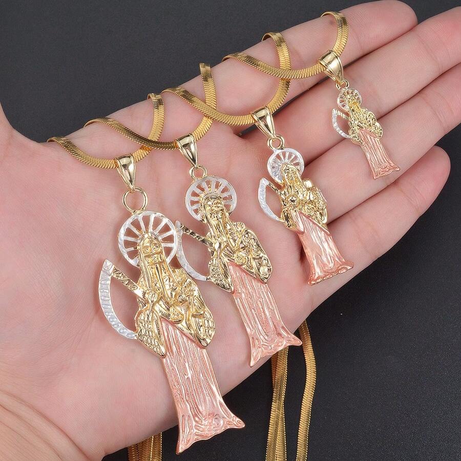 1 Pieza Colgante De Collar Santa Muerte Para Hombres Y Mujeres, Joyería Dorada De La Bañada En 14k Como Regalo Con Cadena De 23,62 Pulgadas