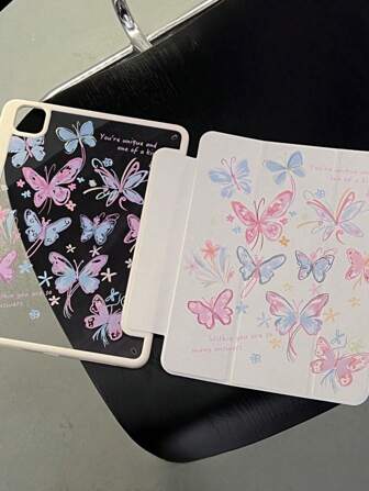 Estuche protector de acrílico plegable de 2 en 1 estilo romántico rosa mariposa compatible con iPad 10.2/Air 4/5/Pro 11/10th/10.9/9.7 de moda de los años 2000