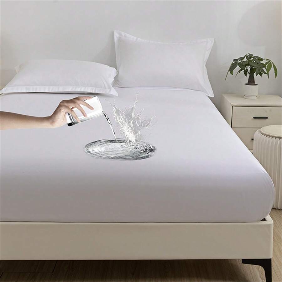 1pc Waterproof Fitted Sheet, Simple Solid Color Mattress Cover That Can Isolate Dirty, Easy To Wash - Multicolor - View 1
