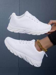 2023 Hàng mới đến Thoáng khí Nhẹ Dệt kim Lưới Giày thể thao Với Đơn giản Lace-up Và Màu thuần Thiết kế Đối với phụ nữ , Thích hợp Đối với Thể thao , Giải trí ,  chạy , Đi dạo , Chạy bộ , Đi bộ du lịch Đường bộ Và Phòng thể dục - trắng - Xem 3