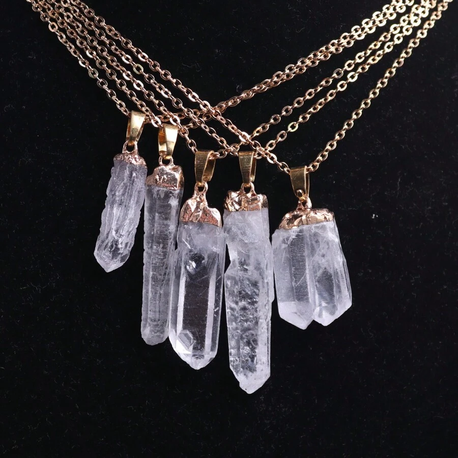 1pc Asymmetrical Shape Natural Rock Crystal Stone Pillar Pendant Necklace Women Fashion White Clear Quartz Chain Healing Choker Jewelry For Women Girls Gifts - Irregular Strips - View 1