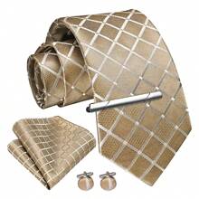 4入組男士經典格紋純色編織領帶,口袋方巾,袖扣和領帶夾套裝,完美適用於伴郎,婚禮,約會,派對,假日等 - 彩色 - 查看 8