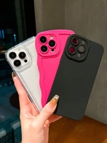 Apple Hot Pink 3pcs/Set Solid Black Pupil Rose Red Wavy Shell Airbag Clear Protective Case TPU Anti-Drop Phone Case Compatible With Iphone 15/16 Unisex