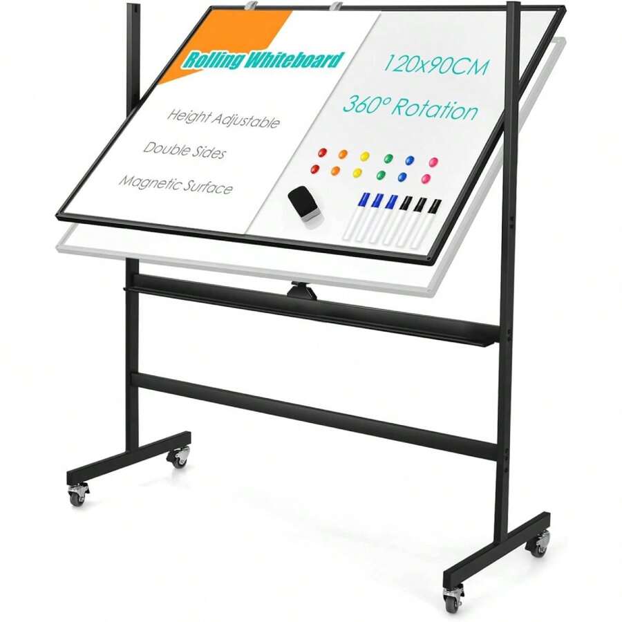 120x90cm Mobiles Whiteboard mit Ständer & Flipchart, Höhenverstellbares doppelseitiges Whiteboard mit abschließbaren Rollen, um 360° drehbare magnetische Tafel mit Alurahmen & Zubehör(Schwarz) - Schwarz - Übersicht 1