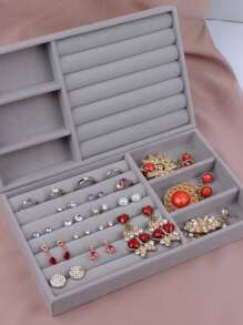 1pc Gray Three-Compartment Jewelry Tray & Box With Velour Padded Compartments For Rings, Earrings, Bracelets, Necklace Display And Storage - Grey - View 3