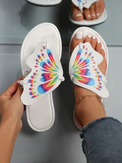 Women's Flat Comfortable Butterfly Printed Slippers 2024, Fashionable And Versatile Lady's Beach Shoes