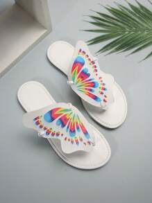 Pantofole piatte stampate di farfalla comode per le donne 2024, scarpe da spiaggia alla moda e versatili per signora - Bianco - Visualizzare 6