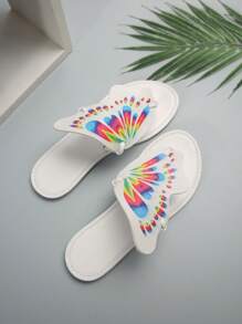 Pantofole piatte stampate di farfalla comode per le donne 2024, scarpe da spiaggia alla moda e versatili per signora - Bianco - Visualizzare 7